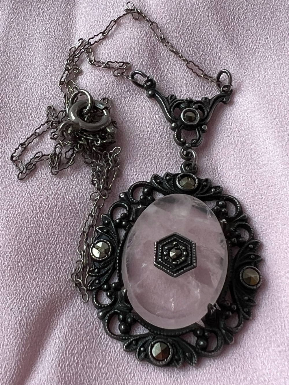 ANTIQUE ROSE QUARTZ MARCASITE STERLING SILVER NECKLACE PENDANT W/CHAIN GERMANY